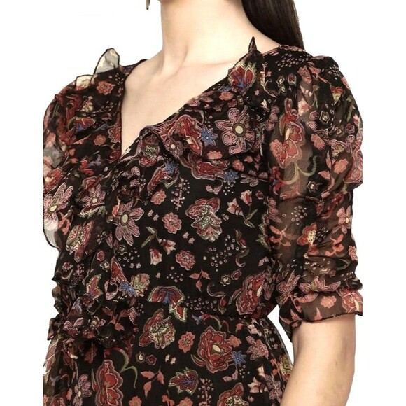 Antheaa Womens Medium Floral Midi Dress Ruffle Sleeve Tiered Pleated Puff Sleeve - Picture 6 of 13